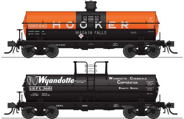 Broadway Limited Imports 6000-Gallon Tank Car (2-Pack) - Variety Set B: Hooker Chemicals HOKX 618, Wyandotte Electro-Bleaching Gas SHPX 302 (1940s schemes)