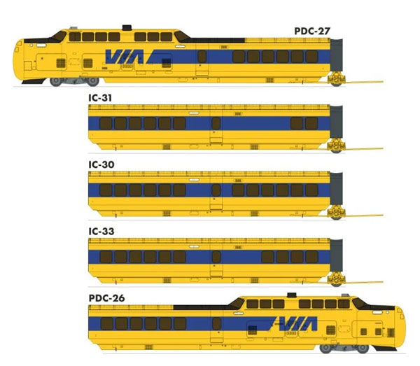 Rapido Trains, Inc. UAC TurboTrain VIA #2 5-Car Set (DC/DCC/Sound) - VIA Rail Nos. 149-204-259-229-154